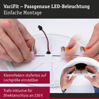 Weiße VariFit LED-Einbauleuchte mit verstellbaren Klemmfedern für einfache Montage und 230V Anschluss
