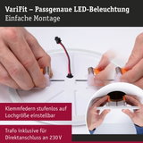 Weiße VariFit LED-Einbauleuchte mit verstellbaren Klemmfedern für einfache Montage und 230V Anschluss