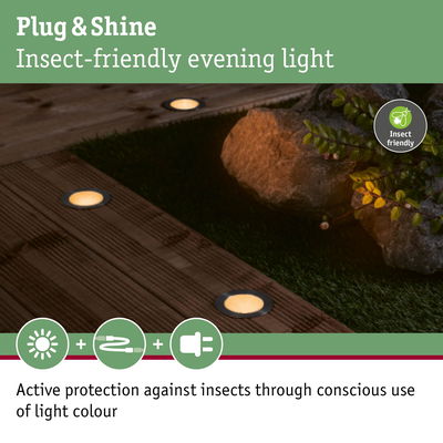 Insect-friendly Plug & Shine LED recessed floor lights in warm white for garden and patio