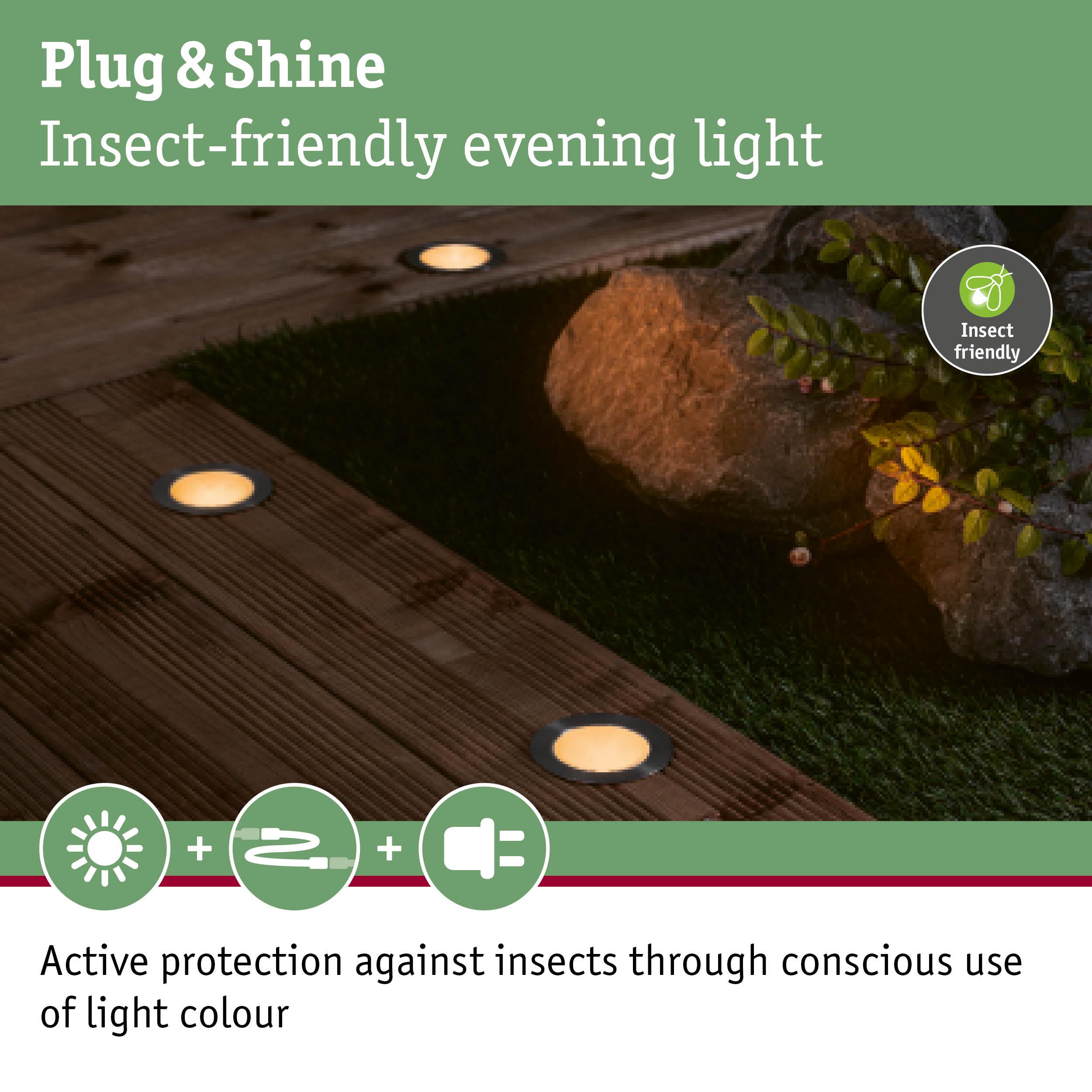 Insect-friendly Plug & Shine LED recessed floor lights in warm white for garden and patio