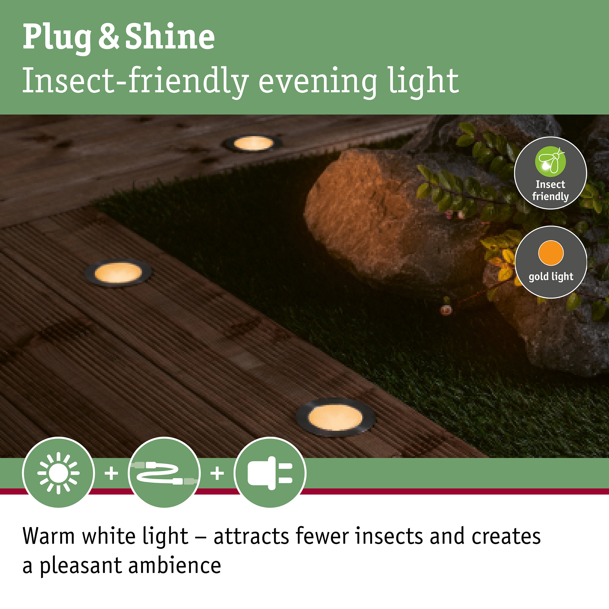 Plug & Shine insect-friendly outdoor lighting with warm white light for garden paths