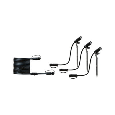 Black LED garden spotlight set with ground stakes and cable for outdoor and landscape lighting