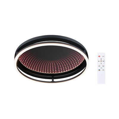 Plafonnier LED noir avec télécommande et motif lumineux infini rouge, design moderne pour salon