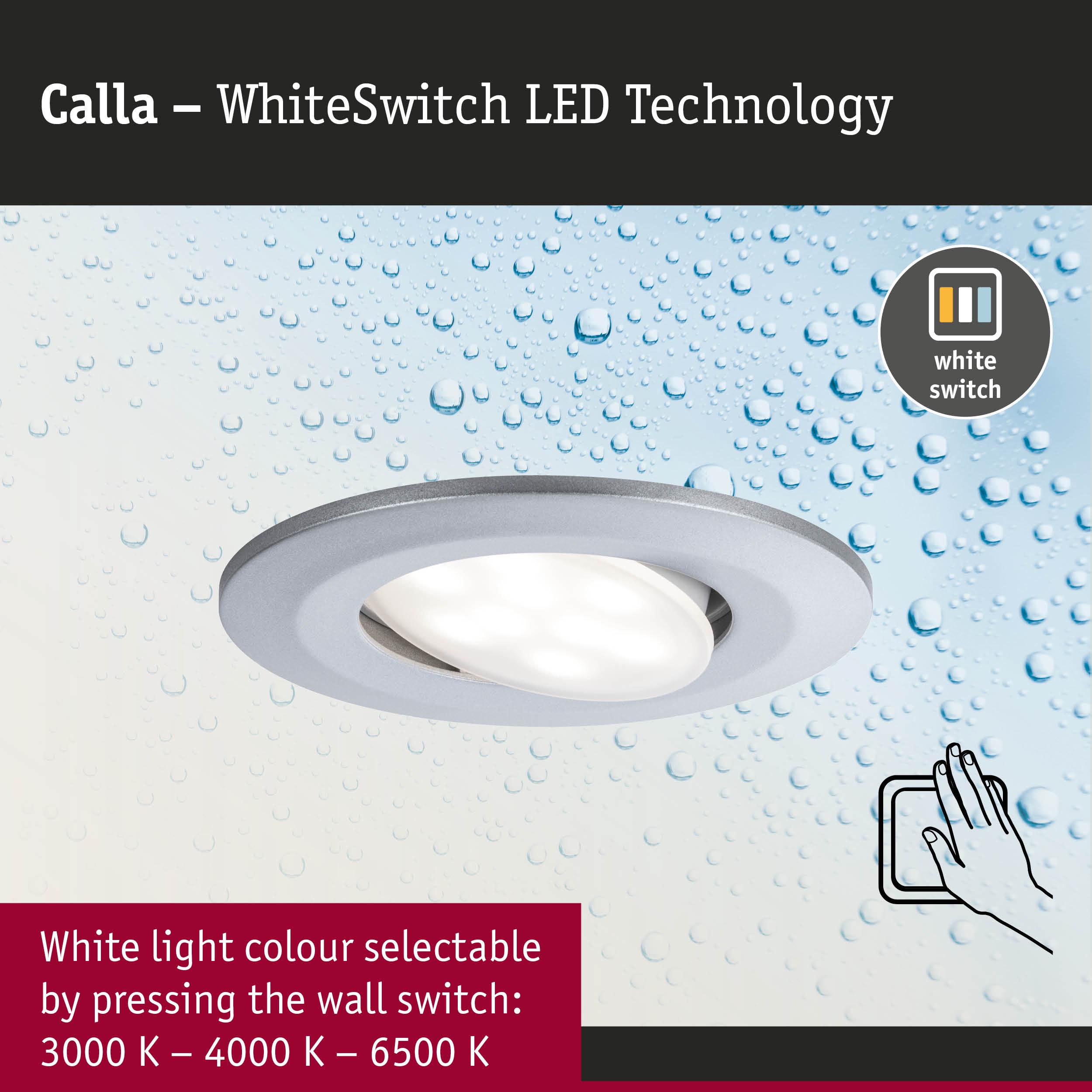 Calla LED recessed spotlight in silver with WhiteSwitch technology, selectable white light colour from 3000K to 6500K
