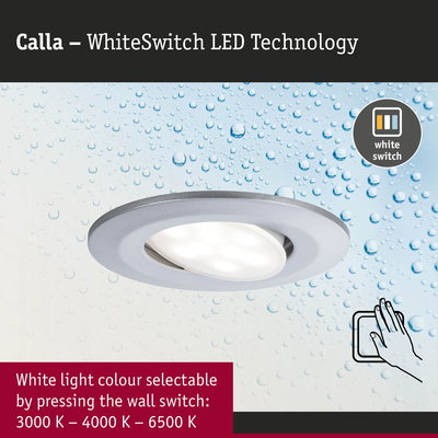 Calla LED recessed spotlight in silver with WhiteSwitch technology, selectable white light colour from 3000K to 6500K