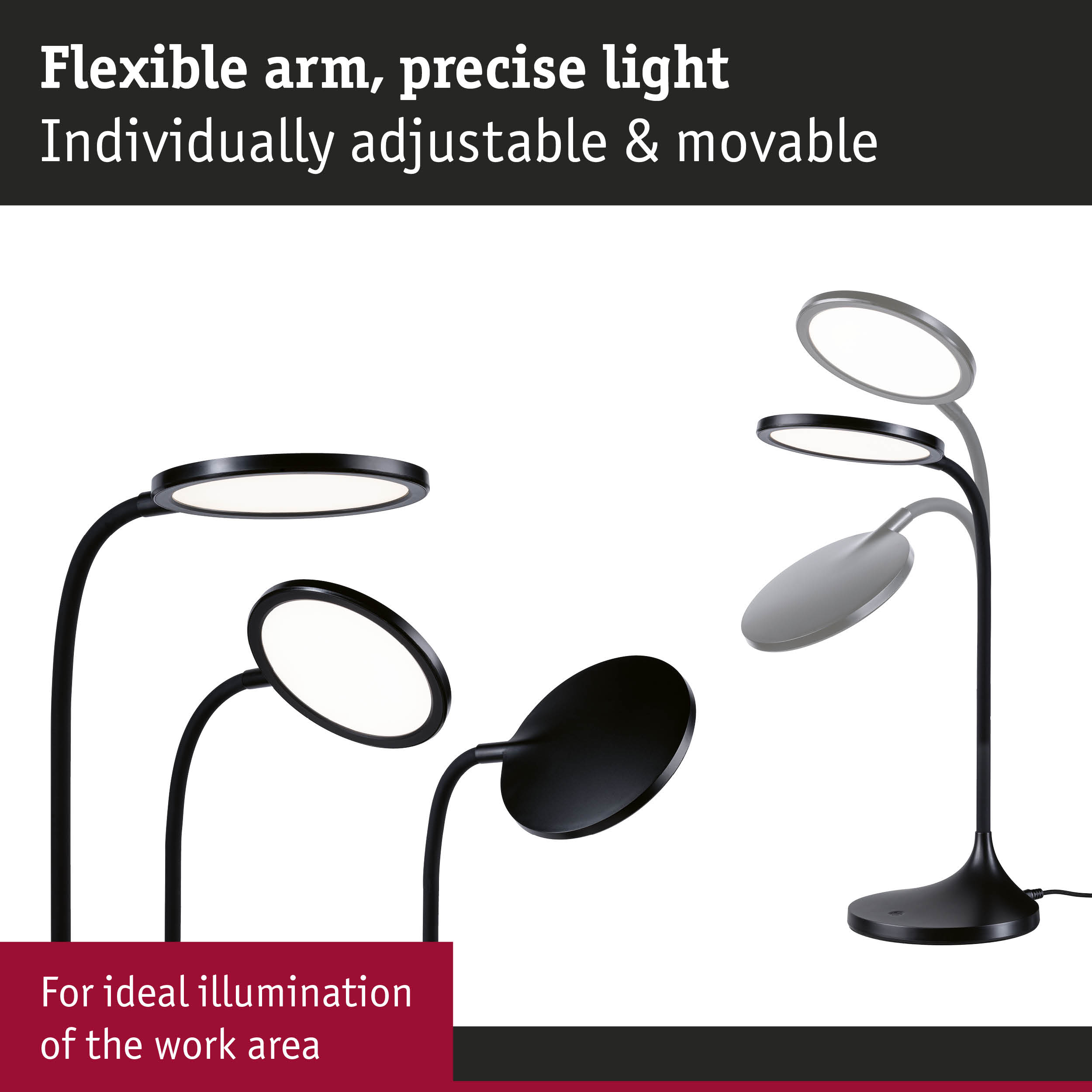 Black LED desk lamp with flexible arm for precise work area lighting and adjustable positioning