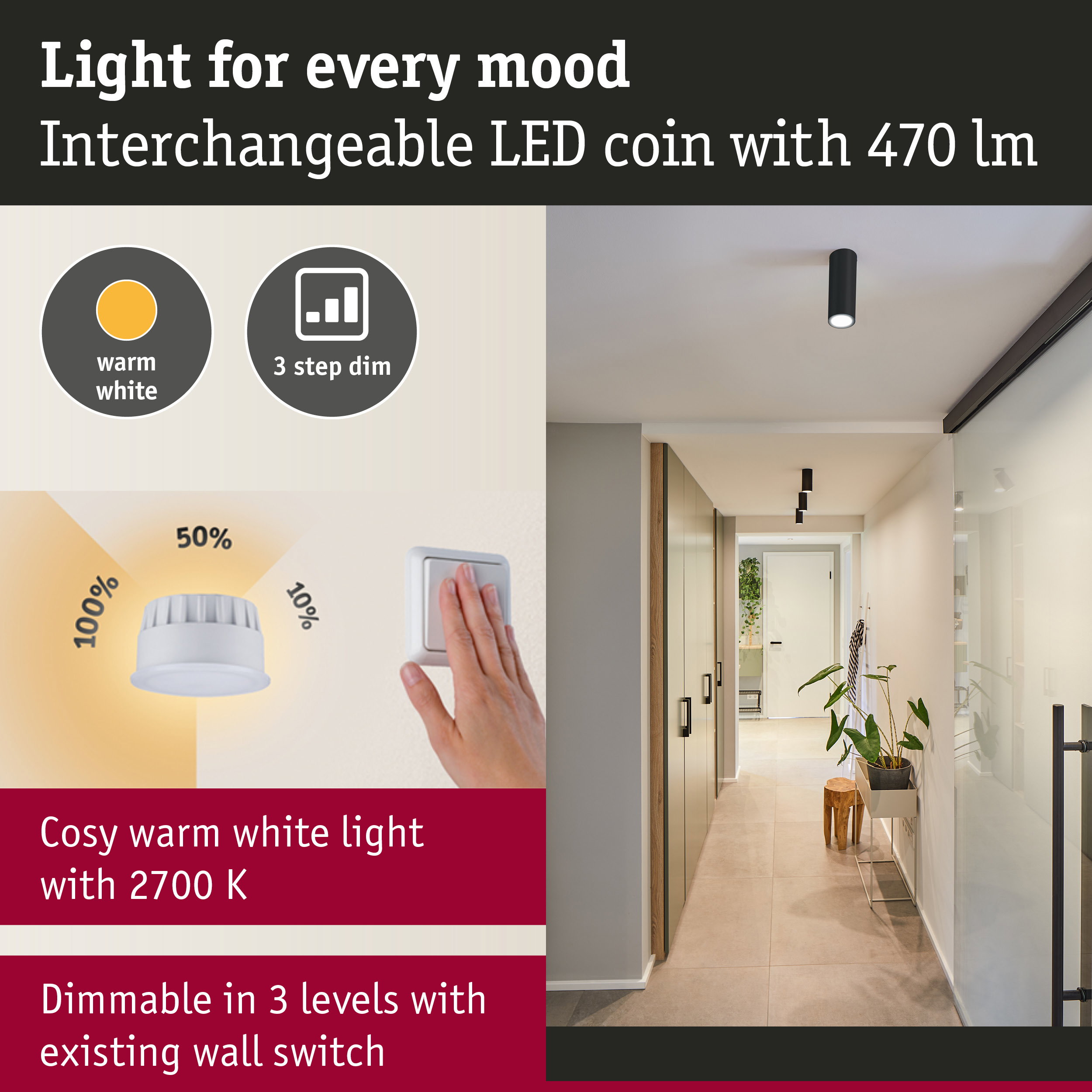 Black LED ceiling light with cosy warm white 2700K and 3-step dimmable function via wall switch