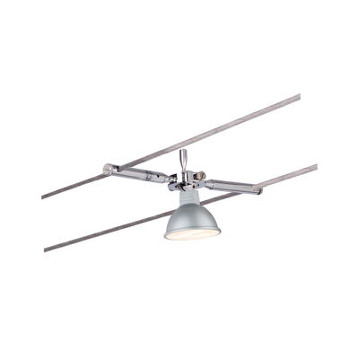 Spot sur câble moderne en métal argenté avec lumière LED réglable pour un éclairage flexible.