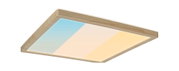 Rectangular ceiling light with wooden frame and adjustable color gradient from blue to warm white