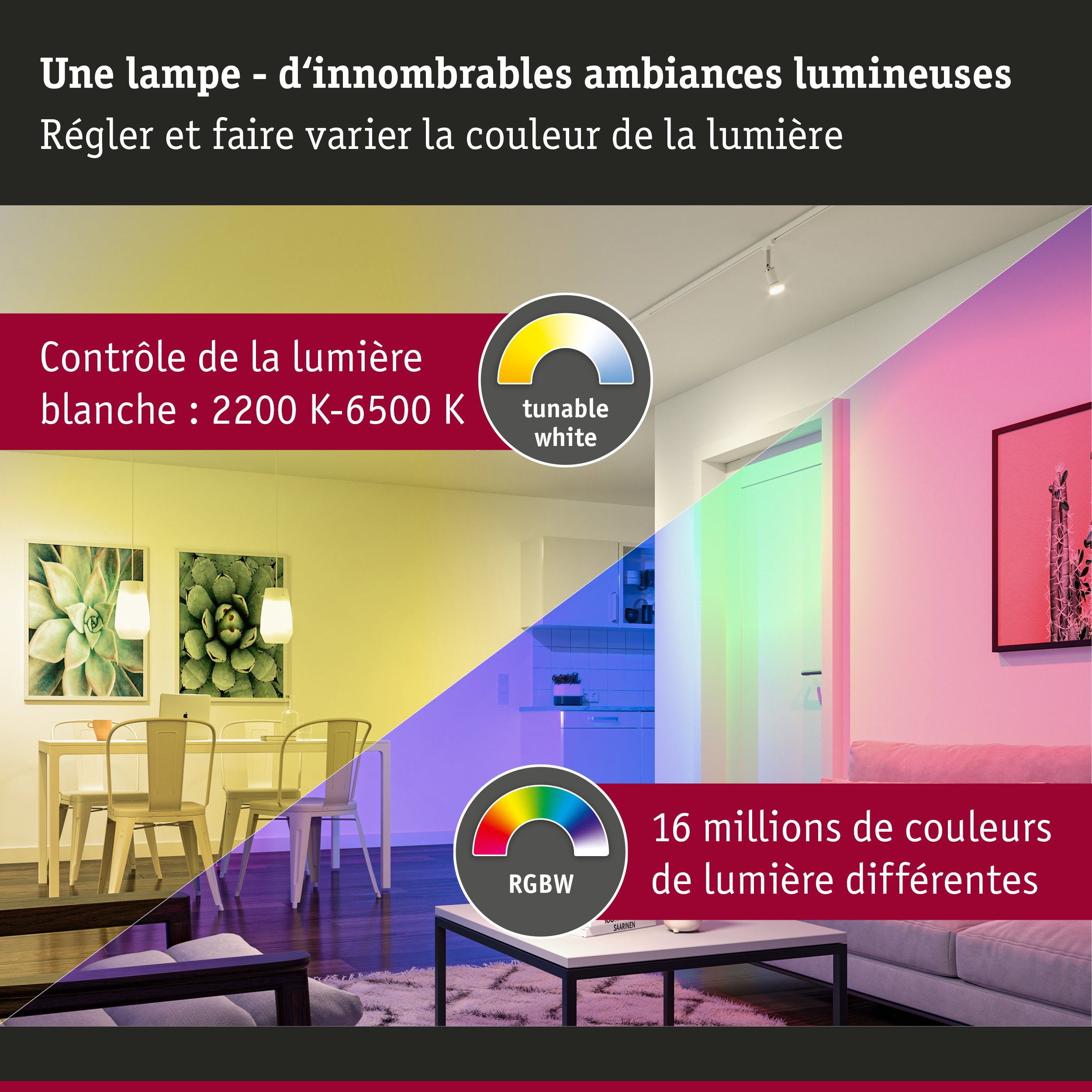 Pièce avec lampe LED réglable en blanc variable et couleurs RGBW pour ambiance lumineuse