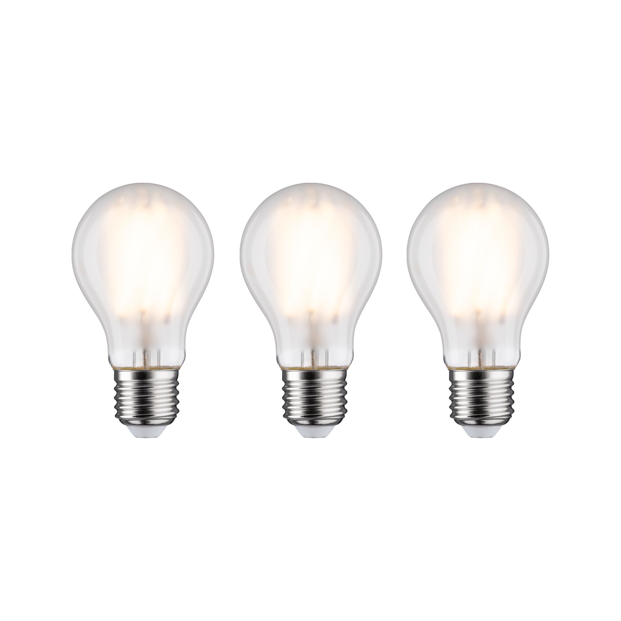 Drei klassische LED-Glühbirnen mit transparentem Glas und E27-Fassung für energiesparende Beleuchtung.