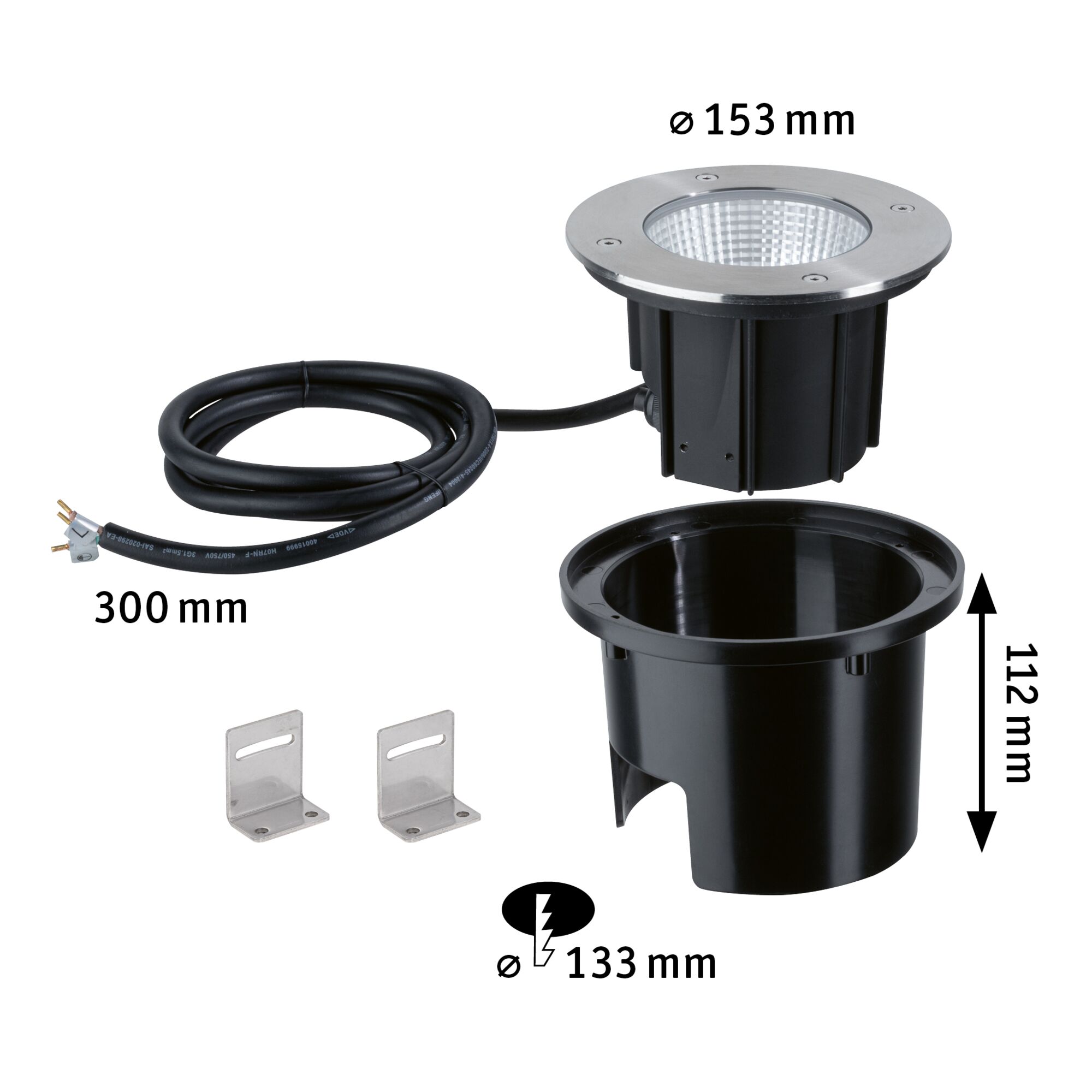 Projecteur encastré extérieur en acier inoxydable et plastique noir, diamètre 153 mm avec câble de 300 mm pour éclairage extérieur