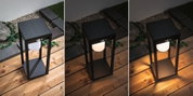 Black solar garden light with motion sensor on wooden deck, showing LED light off and on states for outdoor lighting