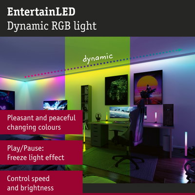 Dynamic RGB LED lighting in living room with colour changing effects for gaming and ambiance