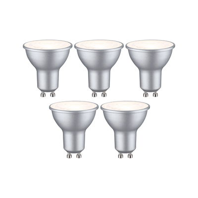 Five silver LED reflector bulbs with GU10 base for energy-efficient lighting