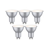 Five silver LED reflector bulbs with GU10 base for energy-efficient lighting