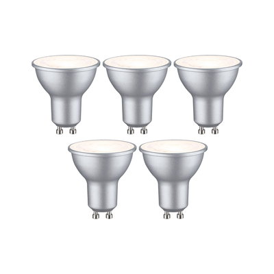 Five silver LED reflector bulbs with GU10 base for energy-efficient lighting