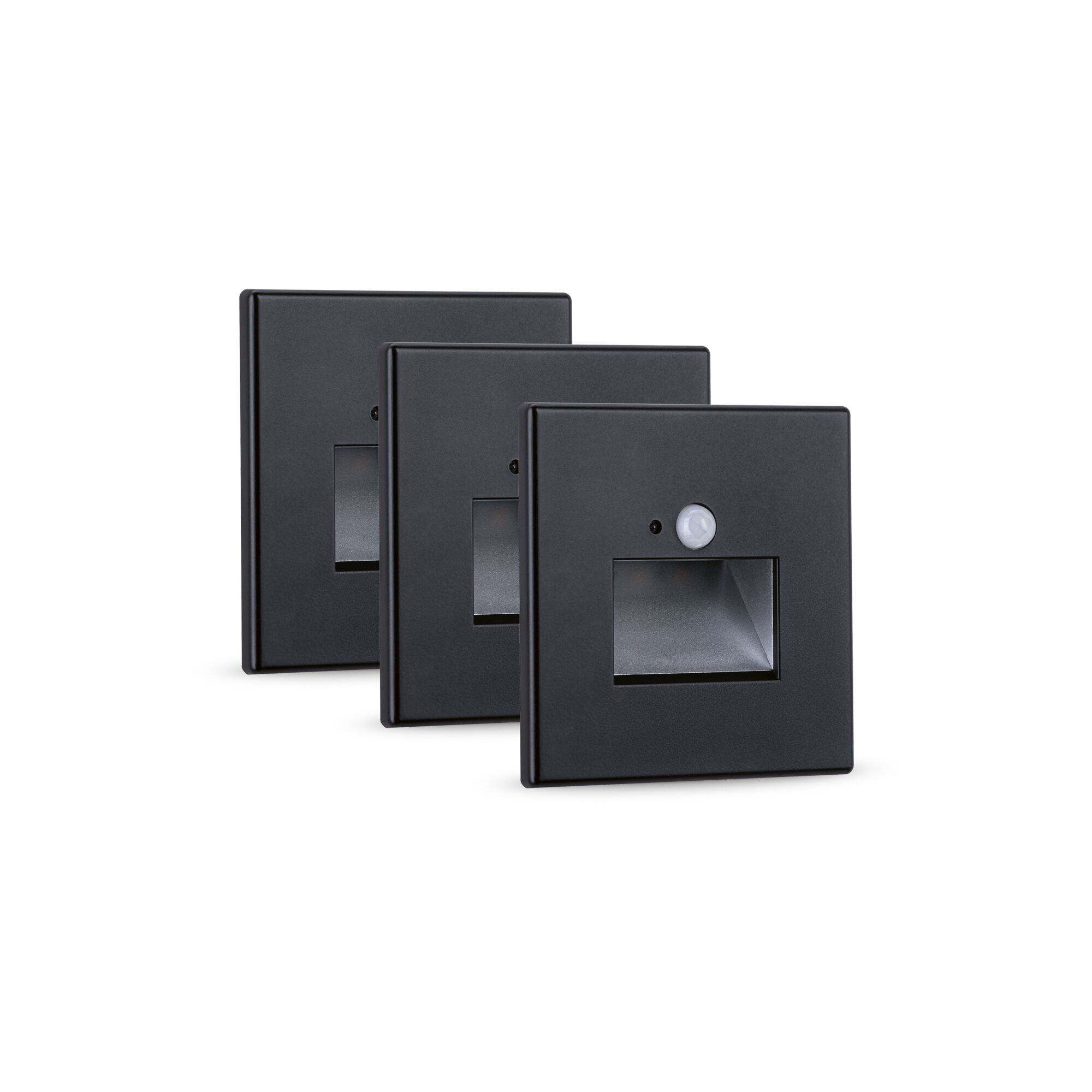 Trois appliques murales LED noires en métal avec détecteur de mouvement pour éclairage intérieur moderne