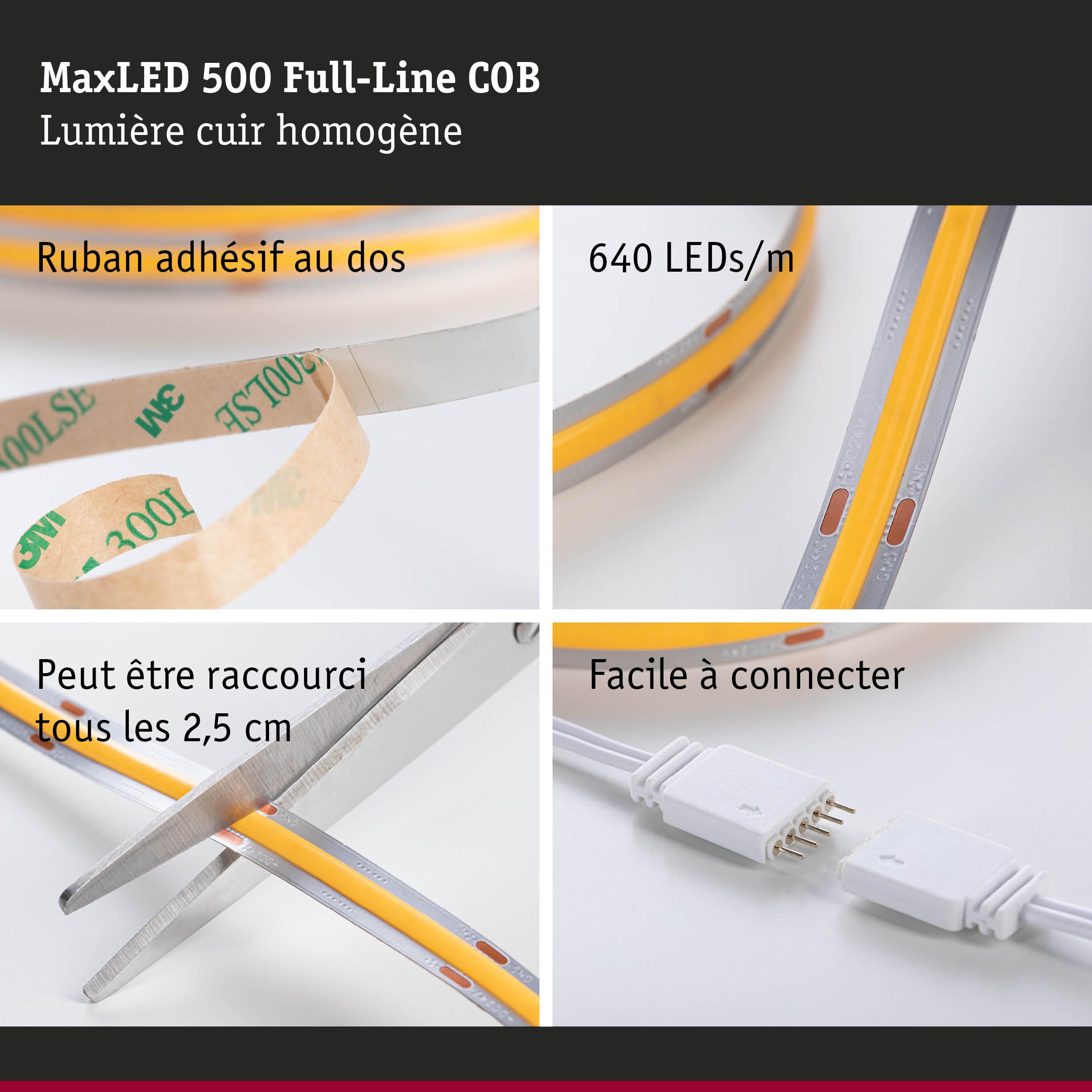 Bande LED MaxLED 500 COB 640 LEDs/m, ruban adhésif, coupable tous les 2,5 cm, connexion facile
