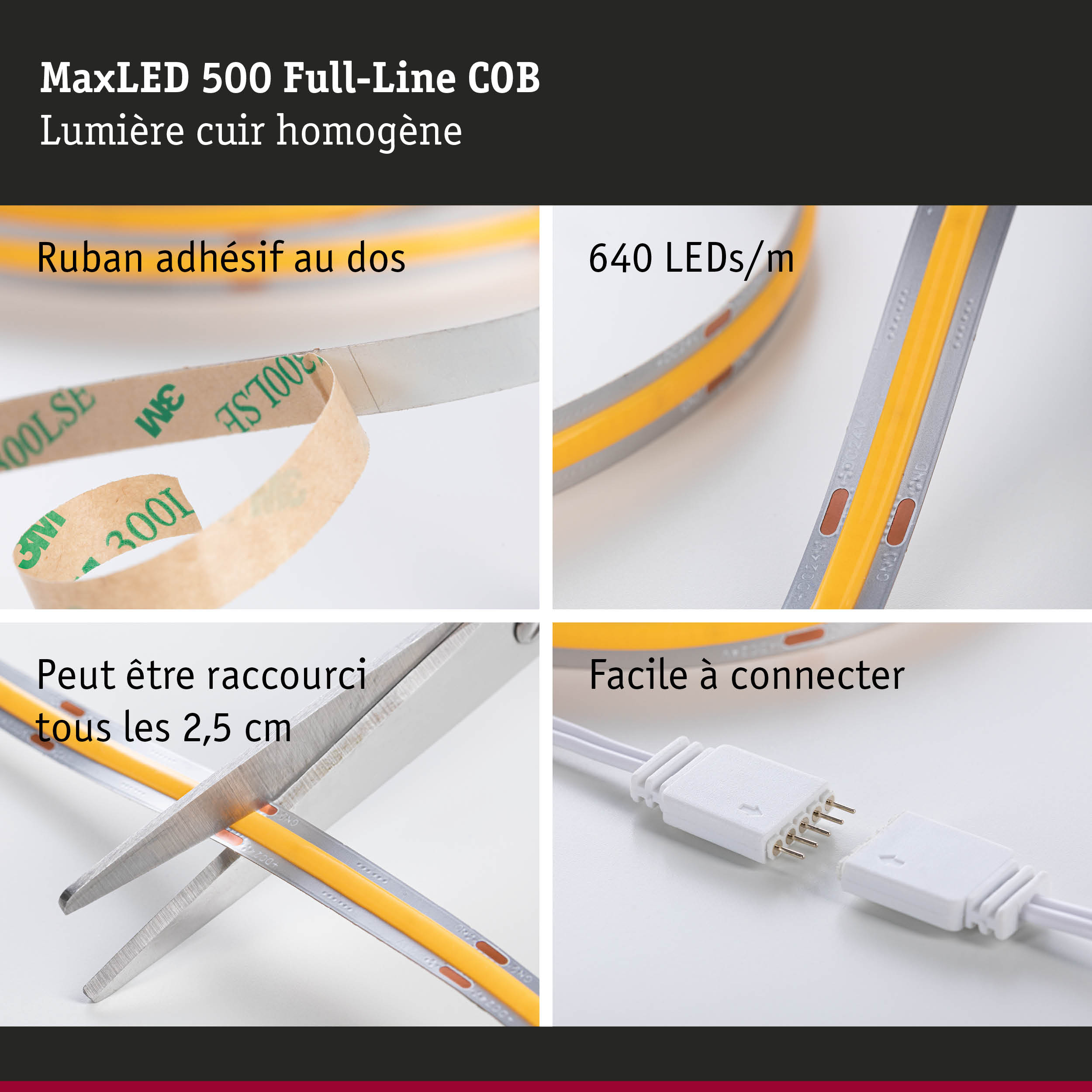 Bande LED MaxLED 500 COB 640 LEDs/m, jaune, ruban adhésif, découpable et facile à connecter