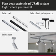 Modular URail track system with black and white aluminium rails, LED spotlights and connectors for customizable lighting