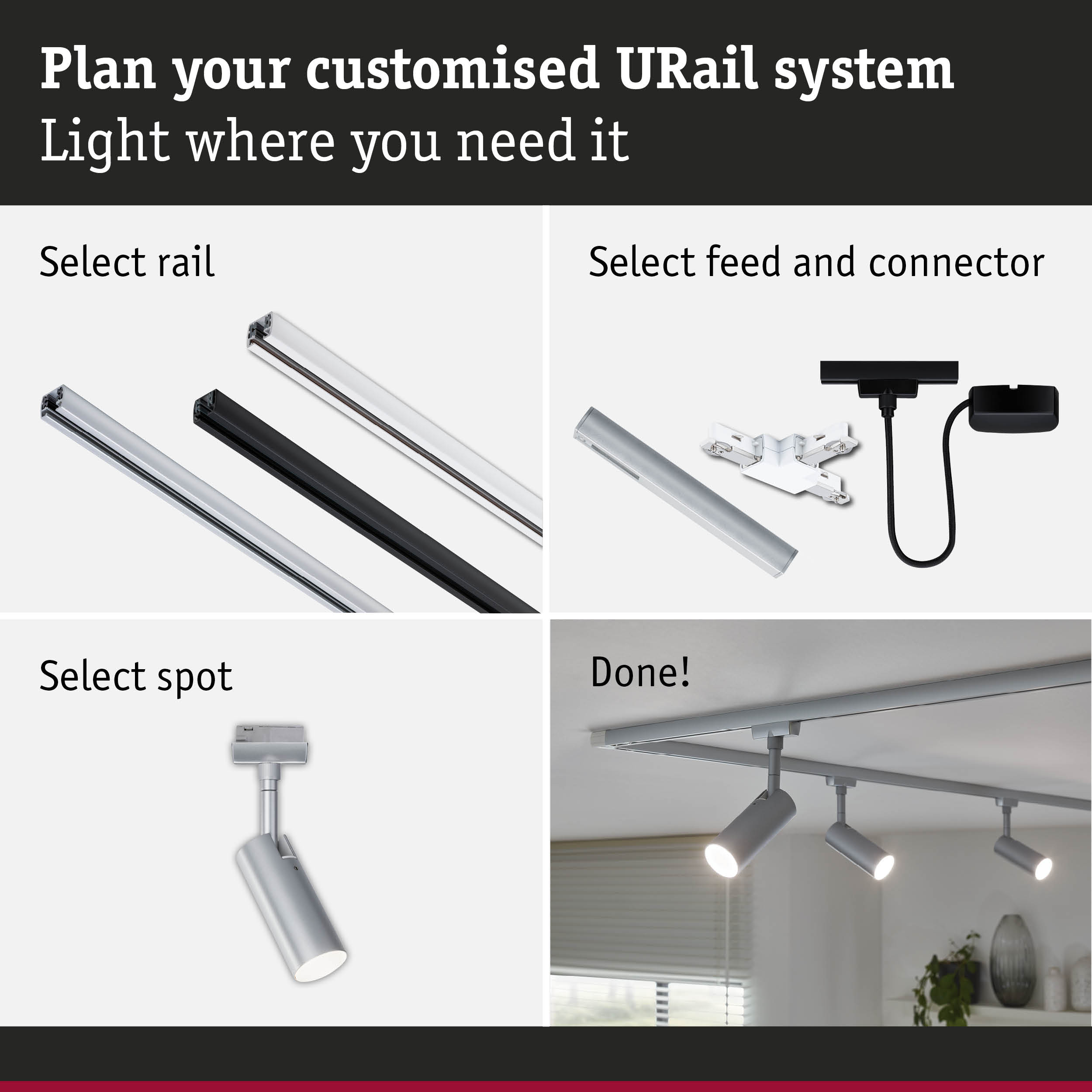 Modular URail track system with black and white aluminium rails, LED spotlights and connectors for customizable lighting