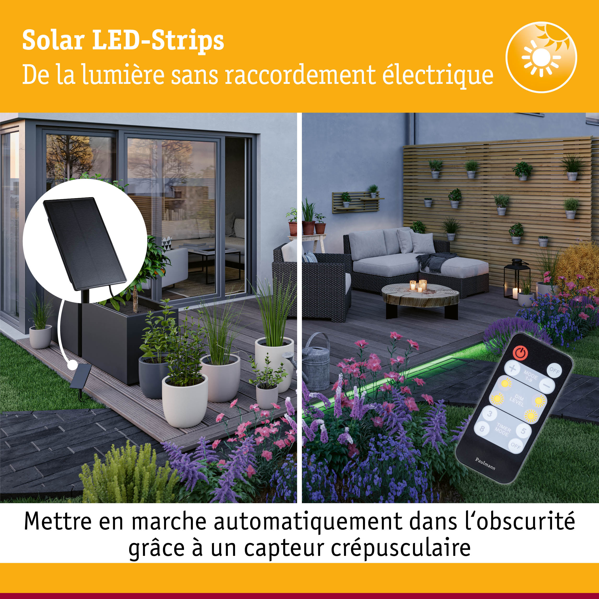 Bande LED solaire avec télécommande et capteur crépusculaire pour éclairage de jardin sans raccordement électrique