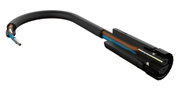 Black electrical cable with brown and blue wires, cross-section reveals internal structure and connection details