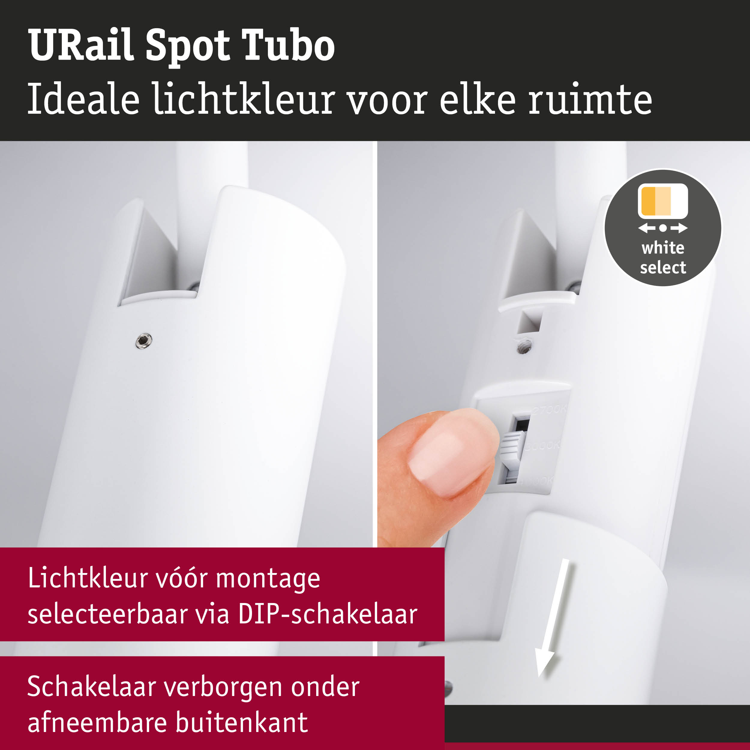 Witte URail Spot Tubo spot met instelbare DIP-schakelaar voor lichtkleur en verborgen schakelaar