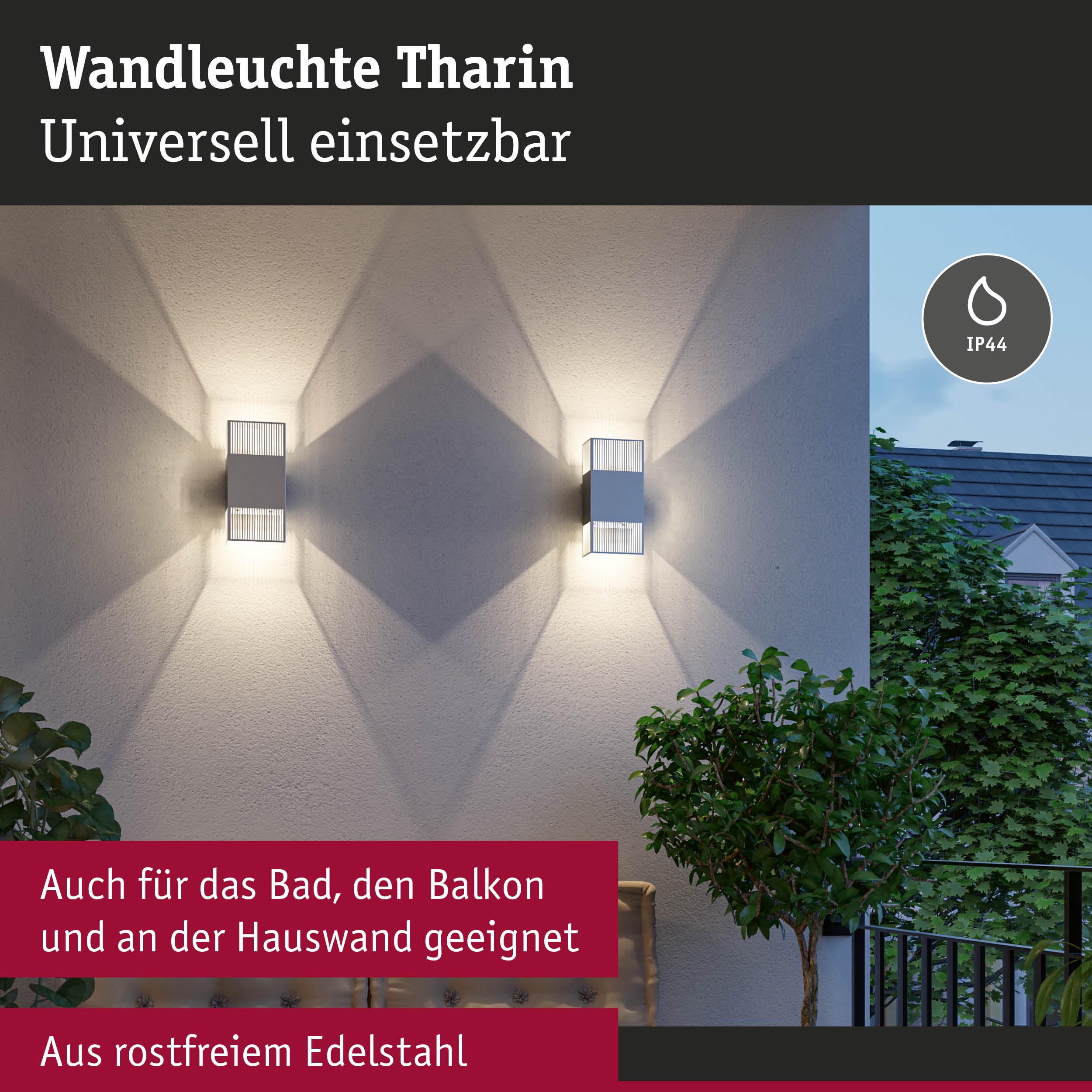 Wandleuchte Tharin aus rostfreiem Edelstahl in Silber mit IP44 Schutz für Bad, Balkon und Hauswand.