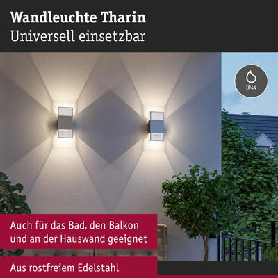 Wandleuchte Tharin aus rostfreiem Edelstahl in Silber mit IP44 Schutz für Bad, Balkon und Hauswand.
