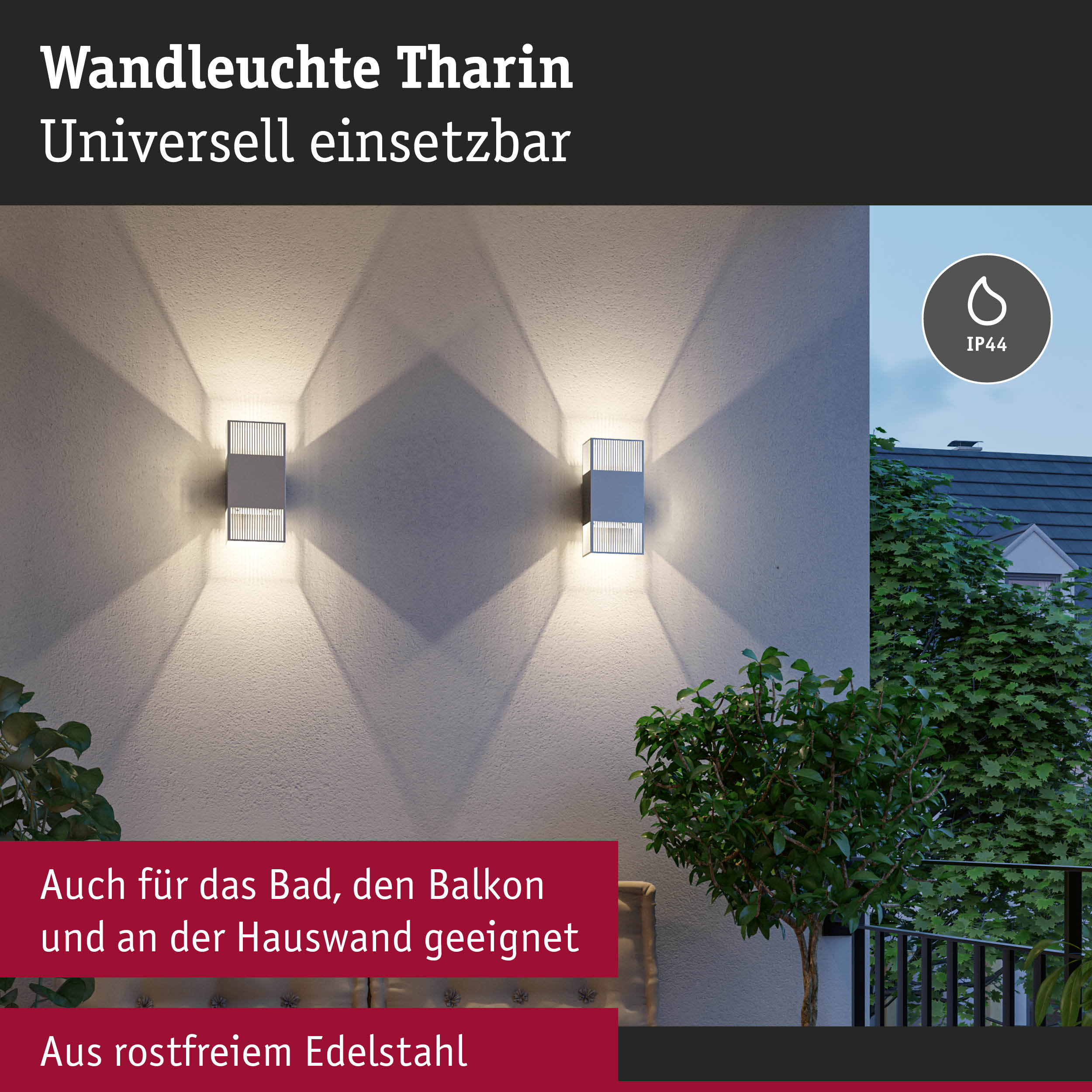 Wandleuchte Tharin aus rostfreiem Edelstahl in Weiß, universell einsetzbar mit IP44 Schutz für Bad und Balkon