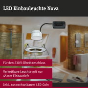 Weiße LED Einbauleuchte Nova mit 230V Direktanschluss und 45 mm Einbautiefe für moderne Beleuchtung