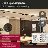 Moderne zwarte URail Spot Alejandro met warmwit licht en geïntegreerde 3-staps dimfunctie voor woonruimtes