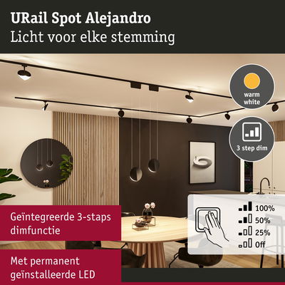 Moderne zwarte URail Spot Alejandro met warmwit licht en geïntegreerde 3-staps dimfunctie voor woonruimtes