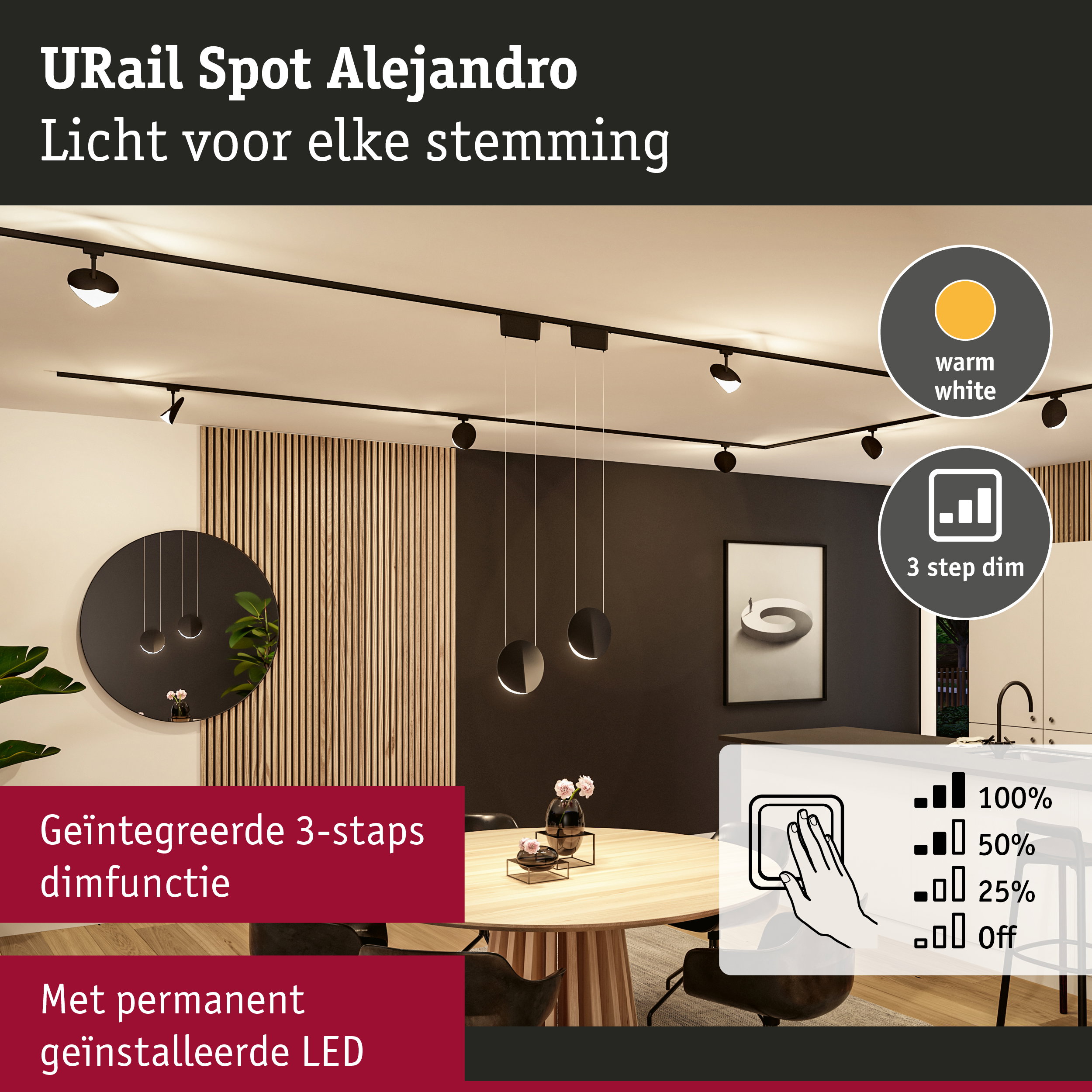 Zwart URail Spot Alejandro LED-schienverlichtingssysteem met warm wit licht en 3-staps dimfunctie in moderne eetkamer