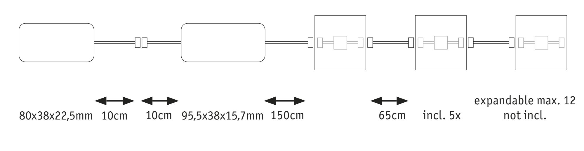 Technische Zeichnung mit Maßen eines modularen LED-Lichtsystems zur Erweiterung bis zu 12 Einheiten