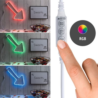 RGB LED arrow light in red, green, and blue with remote control for colorful wall decoration.