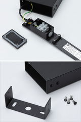 Sort metalhus med klemrække og monteringsbeslag inklusive skruer til LED-belysning