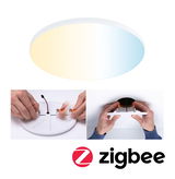 Rundes weißes LED-Deckenlicht mit einstellbarer Farbtemperatur und einfacher Montage mit Federklammern.