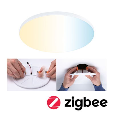 Rundes weißes LED-Deckenlicht mit einstellbarer Farbtemperatur und einfacher Montage mit Federklammern.
