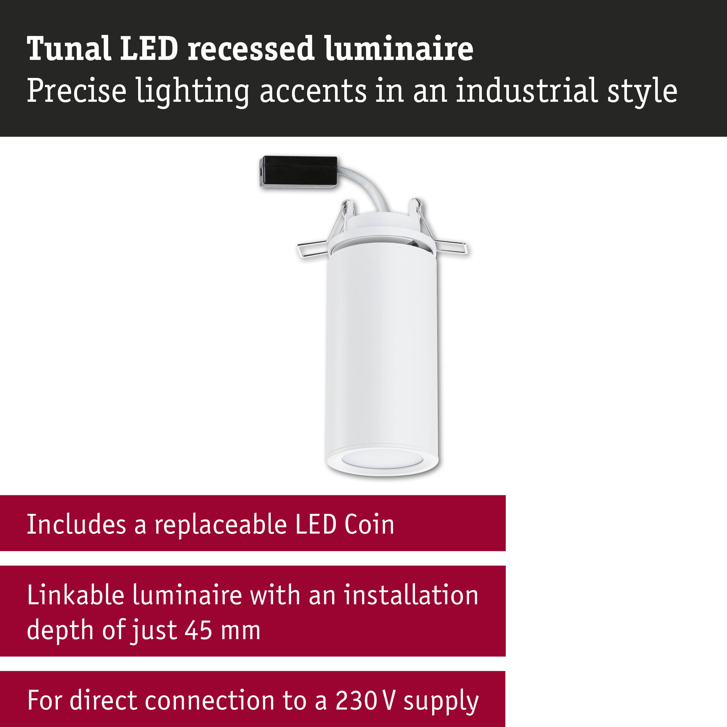 Tunal white LED recessed luminaire with precise lighting accents in an industrial style