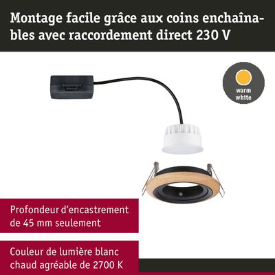 Spot encastrable avec anneau en bois et insert noir, profondeur 45 mm, lumière LED blanc chaud 2700K