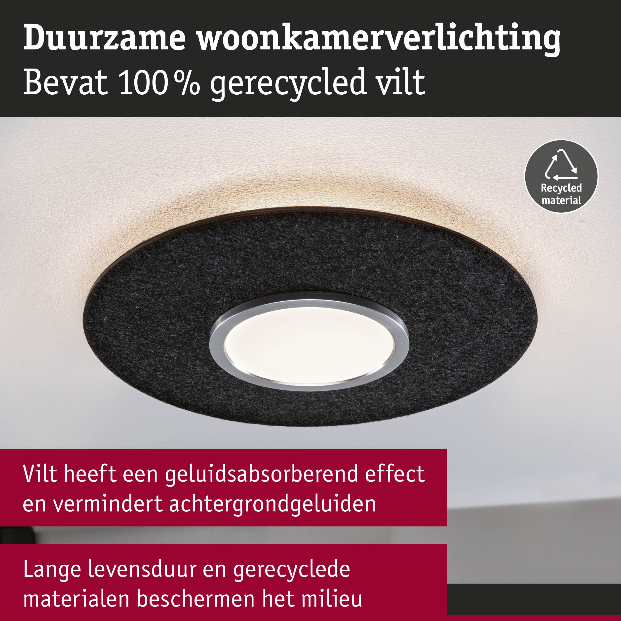 Duurzame woonkamerverlichting met zwart vilt van 100% gerecycled materiaal en LED-licht