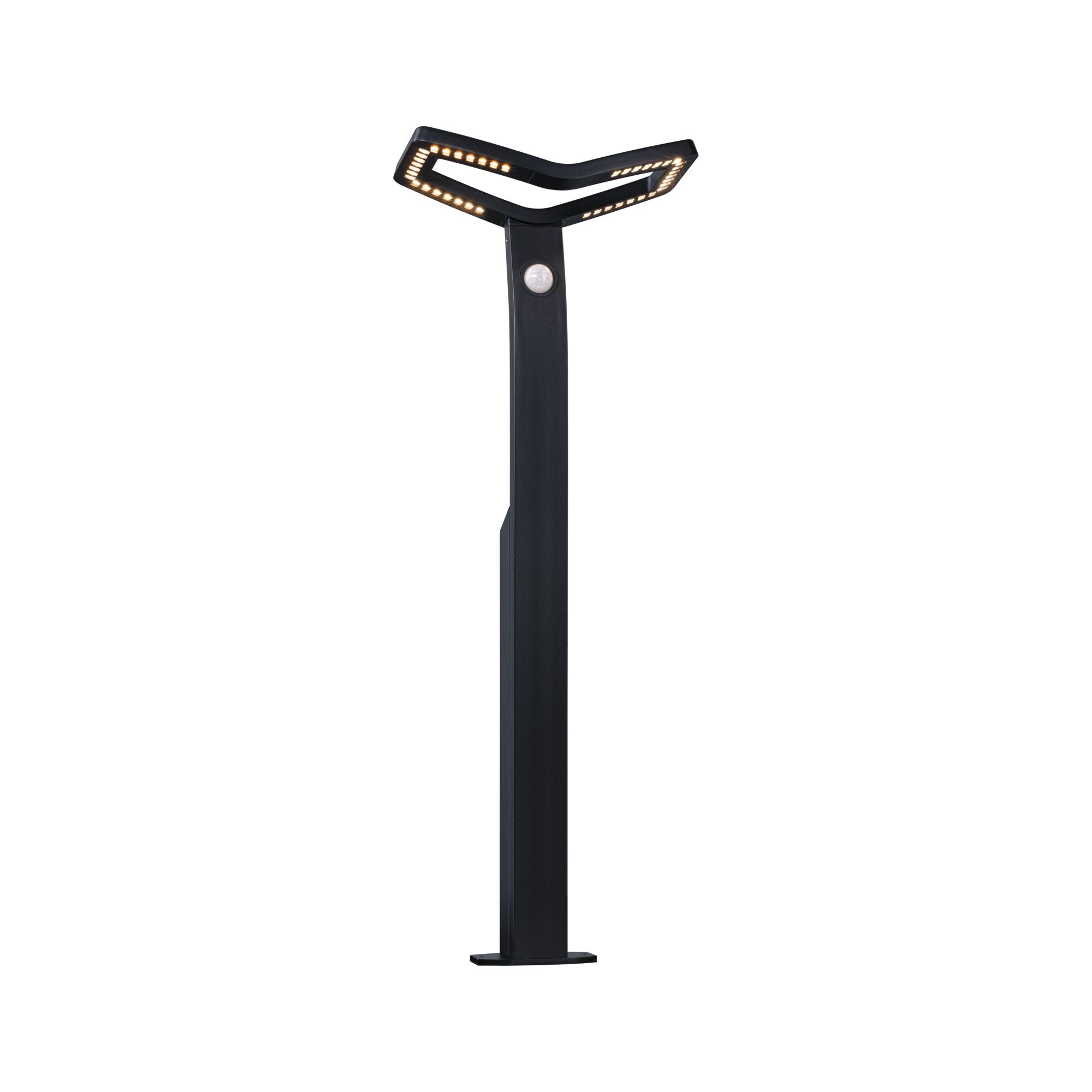 Zwarte metalen LED-buitenlamp met bewegingssensor en modern ontwerp voor tuinverlichting