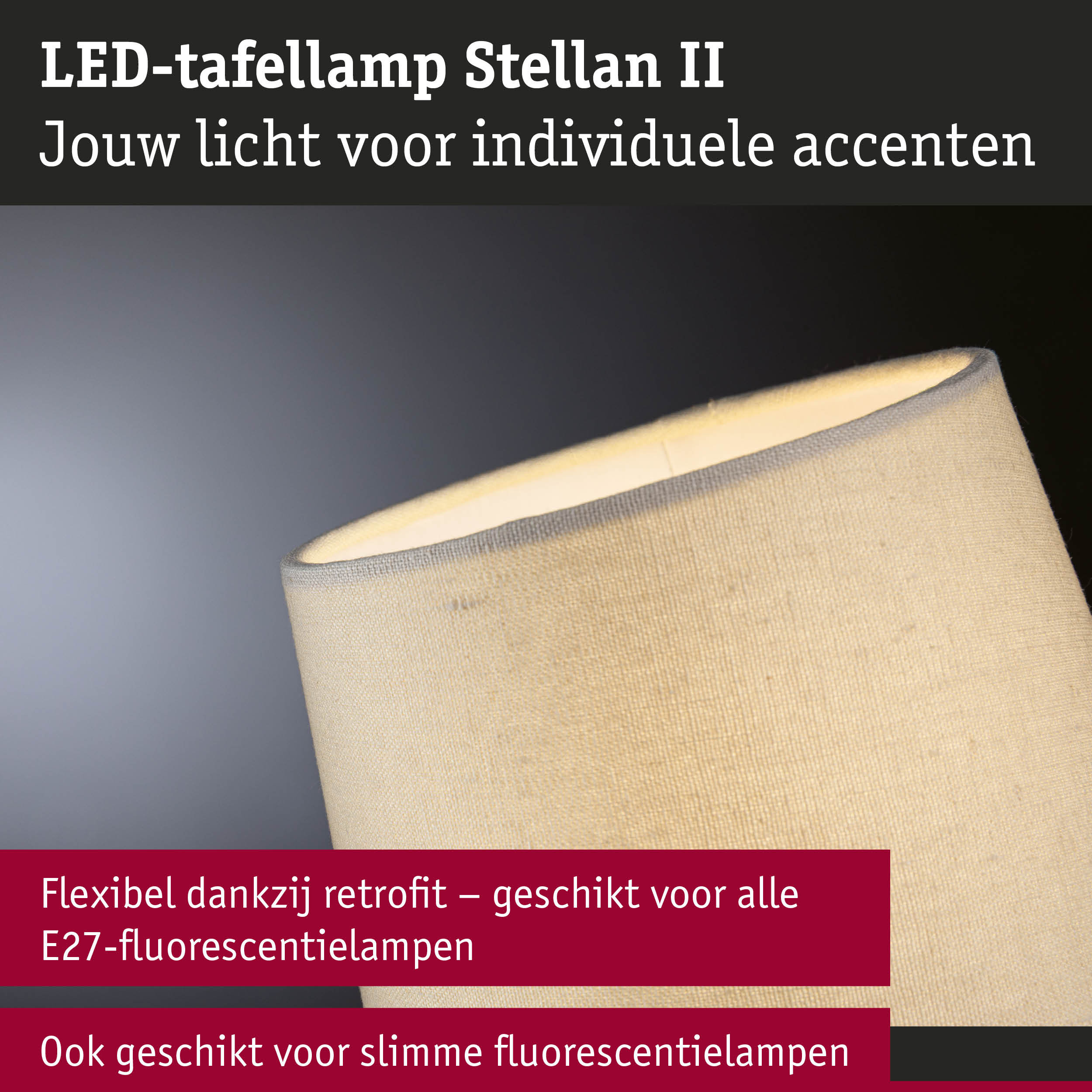 LED-tafellamp Stellan II met beige stoffen kap voor individuele accenten en E27-lampen