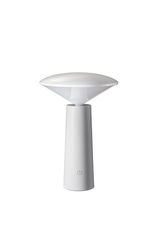 Modern white LED table lamp made of plastic with touch power button for living spaces and ambient lighting