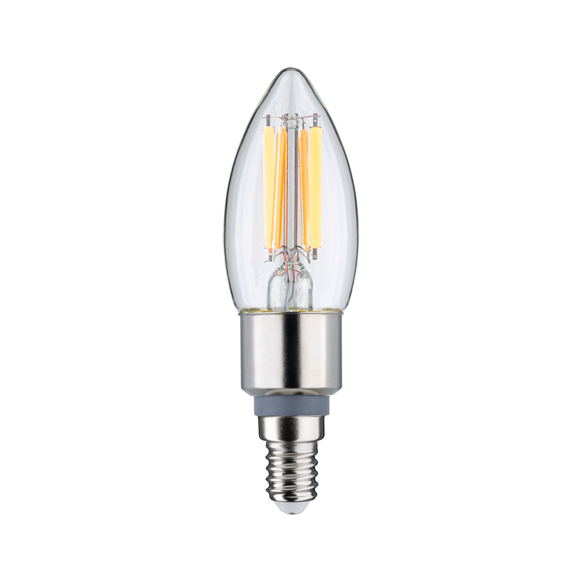 LED-Kerzenlampe mit klarer Glasabdeckung und silbernem Sockel, energiesparende Leuchte für Wohnräume