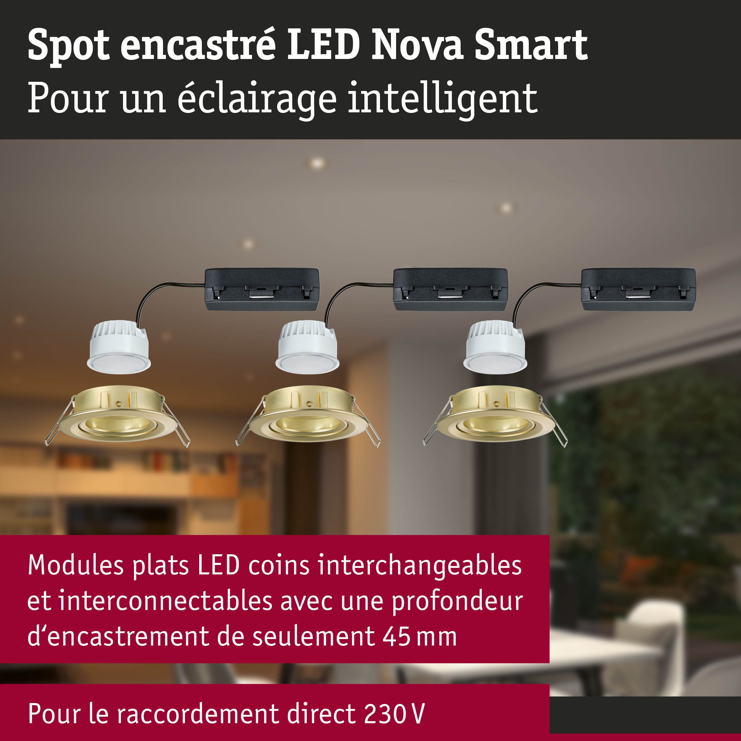 Spot encastré LED Nova Smart doré avec modules plats interchangeables pour éclairage intelligent