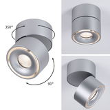 Modern silver metal LED ceiling spotlight with 350° rotation and 90° tilt for adjustable lighting